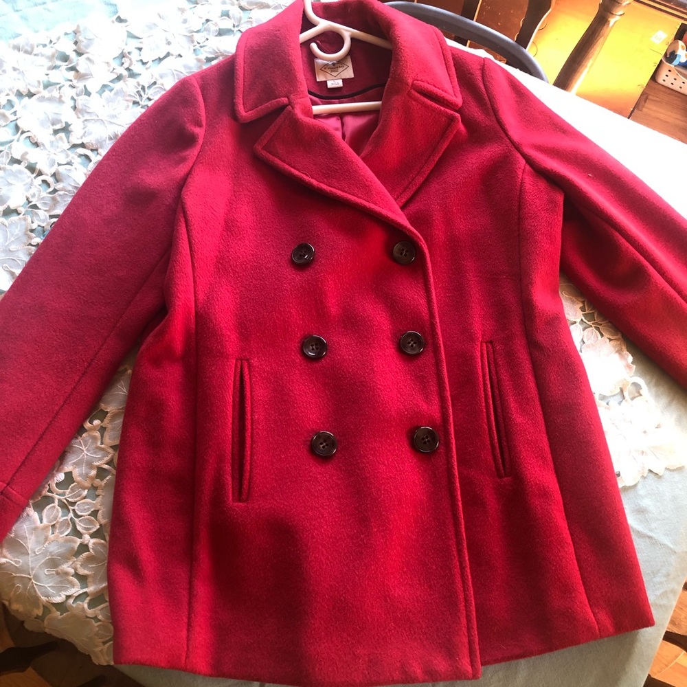 Red peacoat.